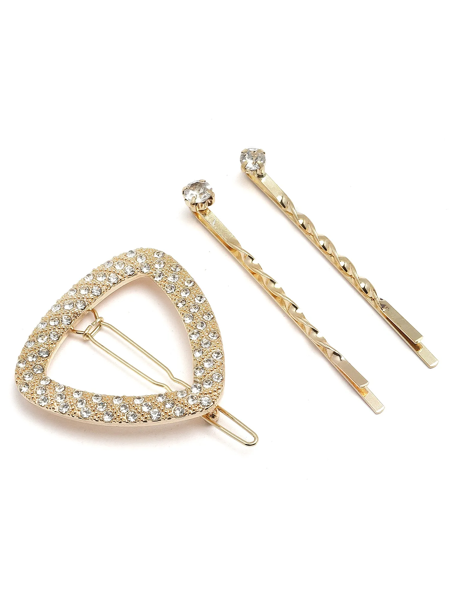 Bohey by KARATCART Gold Tone Set of 3 Crystal Studded Triangle Hair Clips for Women