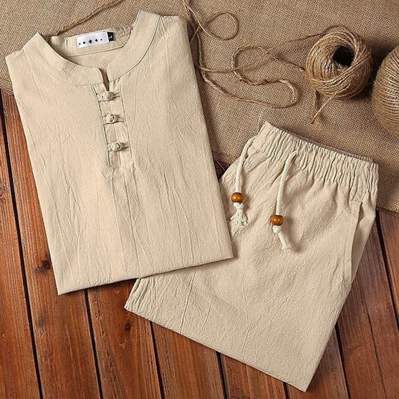Buddha Stones 2Pcs Solid Color Frog-Button Tang Suit Cotton Linen Short Sleeve Pants Clothing Men's Set