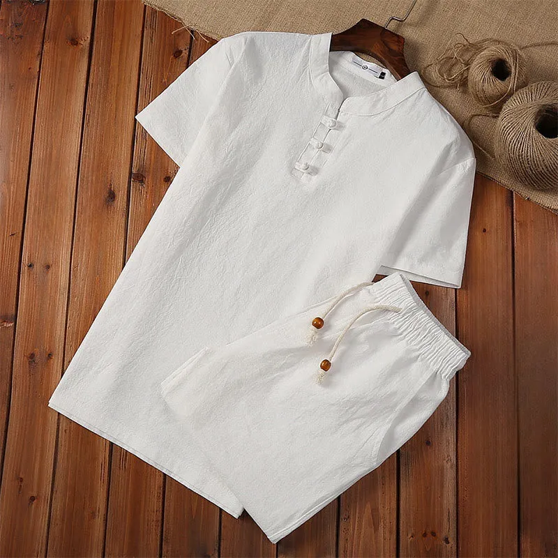 Buddha Stones 2Pcs Solid Color Frog-Button Tang Suit Cotton Linen Short Sleeve Pants Clothing Men's Set