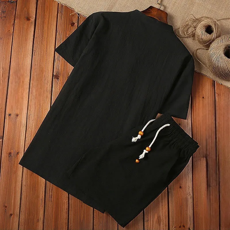 Buddha Stones 2Pcs Solid Color Frog-Button Tang Suit Cotton Linen Short Sleeve Pants Clothing Men's Set