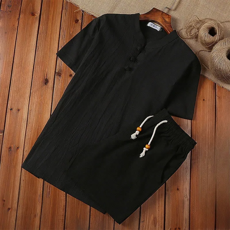 Buddha Stones 2Pcs Solid Color Frog-Button Tang Suit Cotton Linen Short Sleeve Pants Clothing Men's Set
