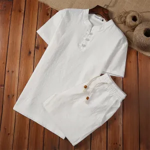 Buddha Stones 2Pcs Solid Color Frog-Button Tang Suit Cotton Linen Short Sleeve Pants Clothing Men's Set