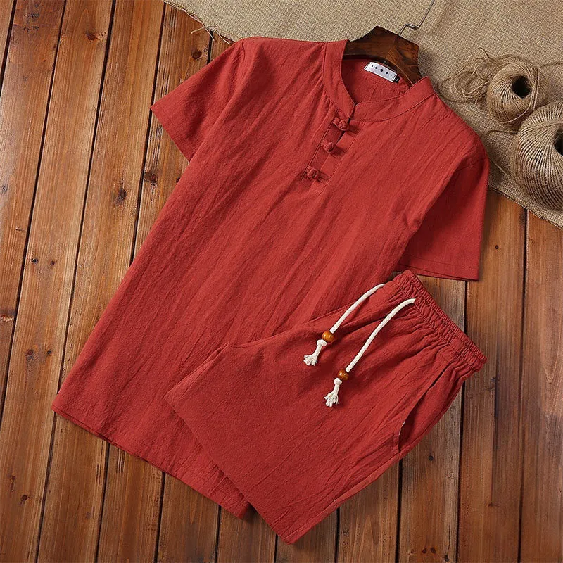 Buddha Stones 2Pcs Solid Color Frog-Button Tang Suit Cotton Linen Short Sleeve Pants Clothing Men's Set