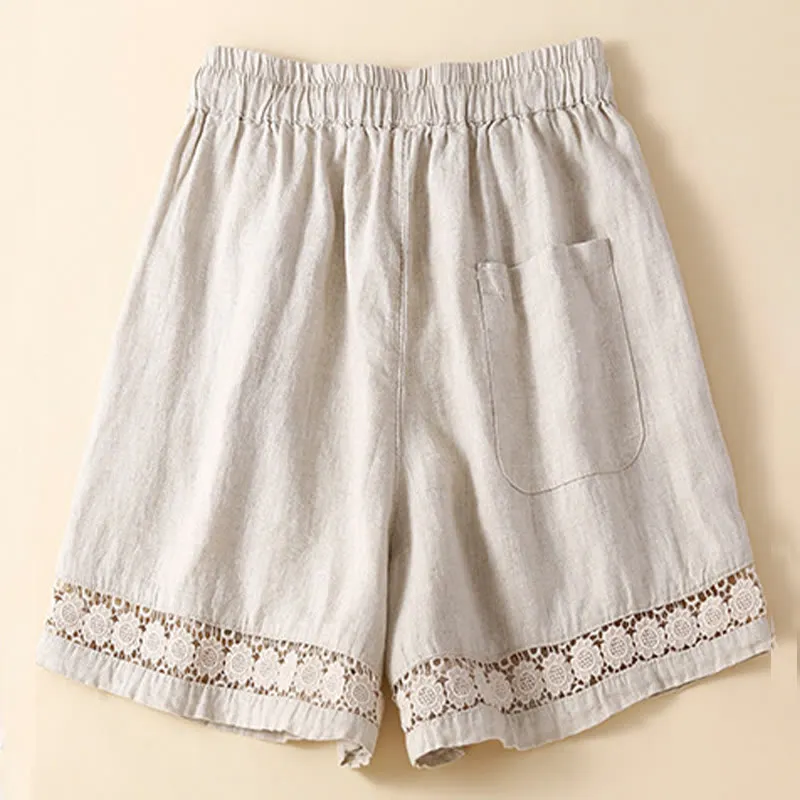 Buddha Stones Plain Color Bottom Hollow Lace Design Lace-up Cotton Linen Women's Shorts With Pockets