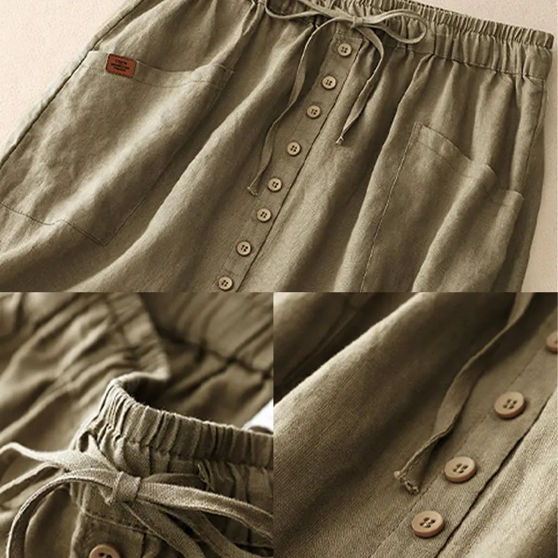 Buddha Stones Spring Lace-Up Button Slit Design Women's Cotton Linen Skirt With Pockets
