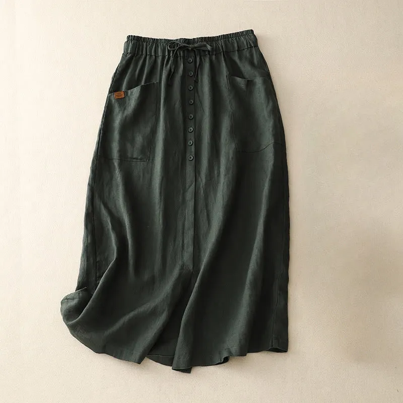 Buddha Stones Spring Lace-Up Button Slit Design Women's Cotton Linen Skirt With Pockets