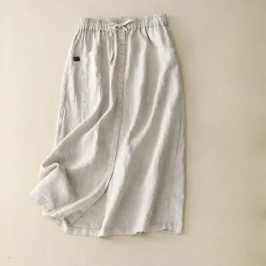 Buddha Stones Spring Lace-Up Button Slit Design Women's Cotton Linen Skirt With Pockets