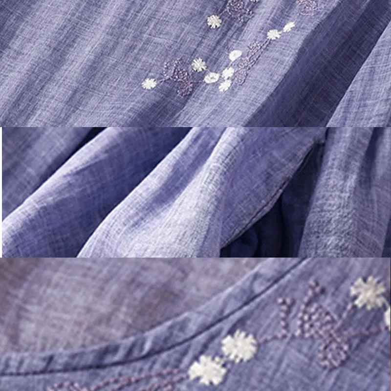Buddha Stones Summer Pure Color Embroidery Half Sleeve Drawstring Cotton Linen Women's Maxi Dress With Pockets