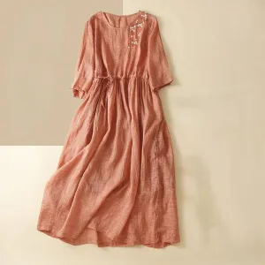 Buddha Stones Summer Pure Color Embroidery Half Sleeve Drawstring Cotton Linen Women's Maxi Dress With Pockets