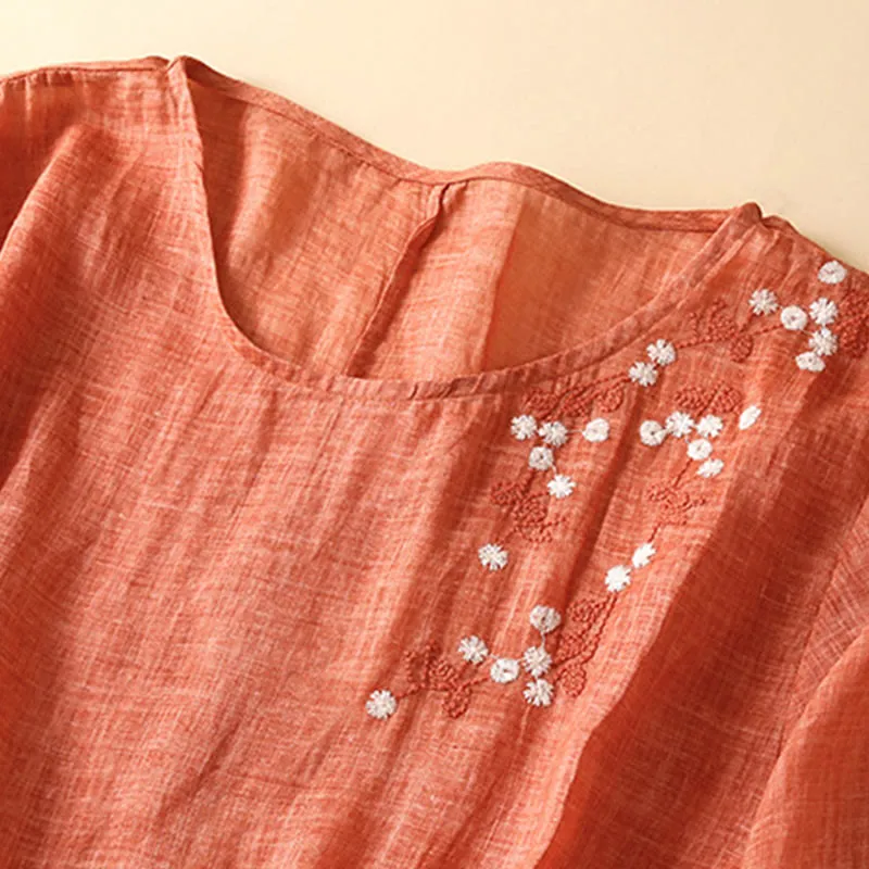 Buddha Stones Summer Pure Color Embroidery Half Sleeve Drawstring Cotton Linen Women's Maxi Dress With Pockets