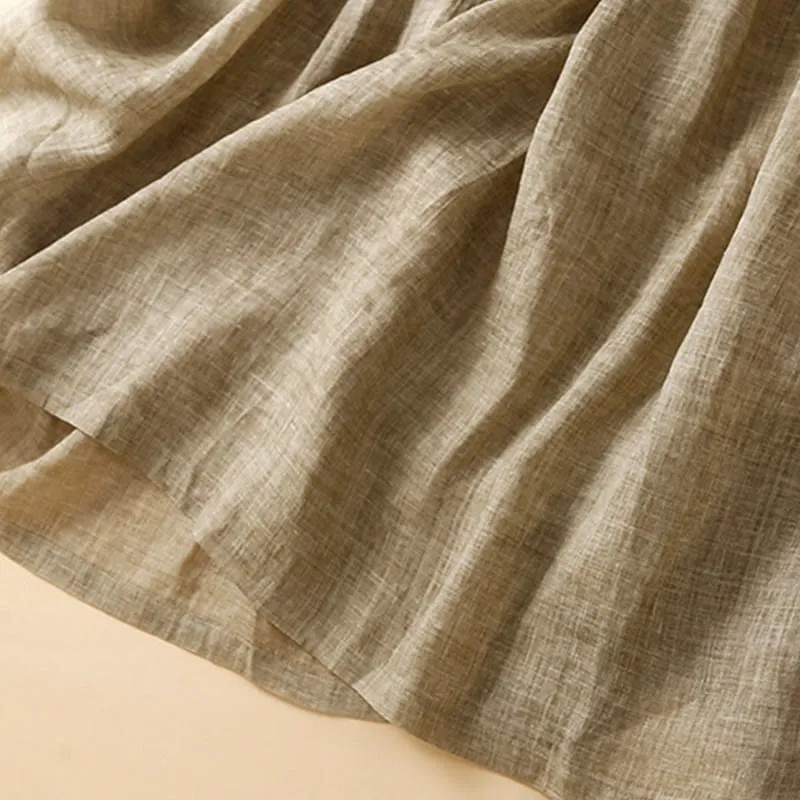 Buddha Stones Summer Pure Color Embroidery Half Sleeve Drawstring Cotton Linen Women's Maxi Dress With Pockets
