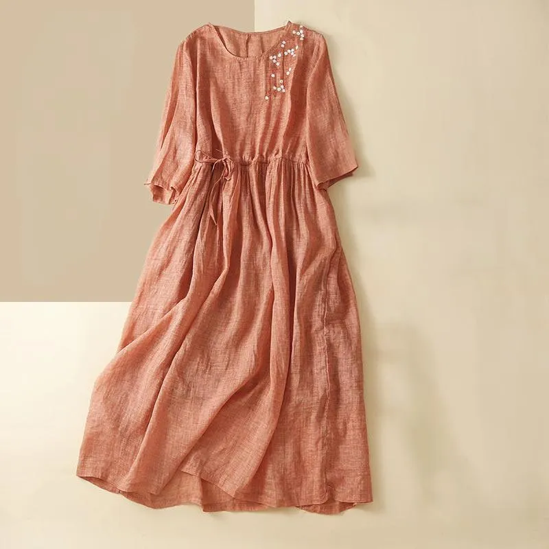 Buddha Stones Summer Pure Color Embroidery Half Sleeve Drawstring Cotton Linen Women's Maxi Dress With Pockets