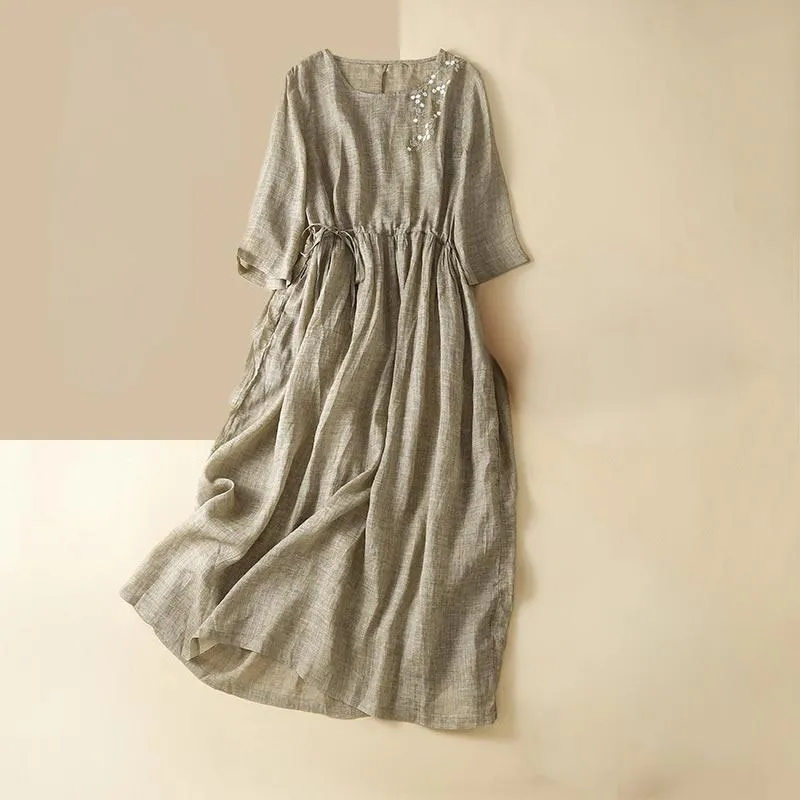 Buddha Stones Summer Pure Color Embroidery Half Sleeve Drawstring Cotton Linen Women's Maxi Dress With Pockets