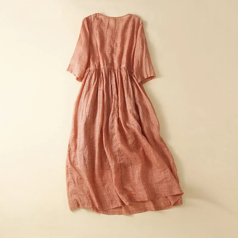 Buddha Stones Summer Pure Color Embroidery Half Sleeve Drawstring Cotton Linen Women's Maxi Dress With Pockets