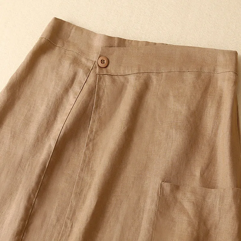 Buddha Stones Vintage Summer Asymmetrical High Waist Women's Cotton Linen Skirt With Pockets