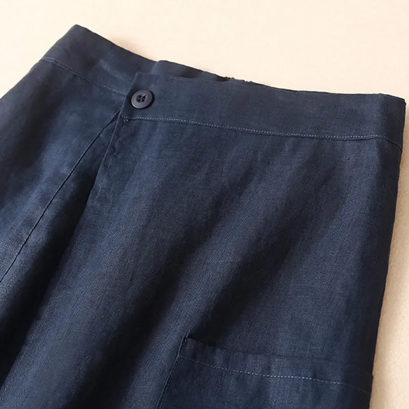 Buddha Stones Vintage Summer Asymmetrical High Waist Women's Cotton Linen Skirt With Pockets