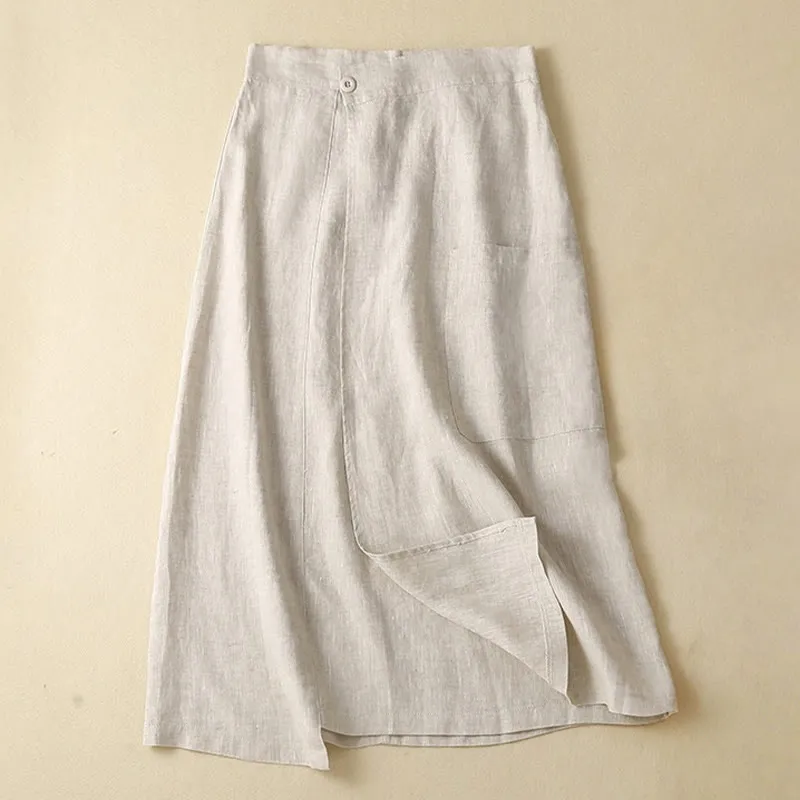Buddha Stones Vintage Summer Asymmetrical High Waist Women's Cotton Linen Skirt With Pockets
