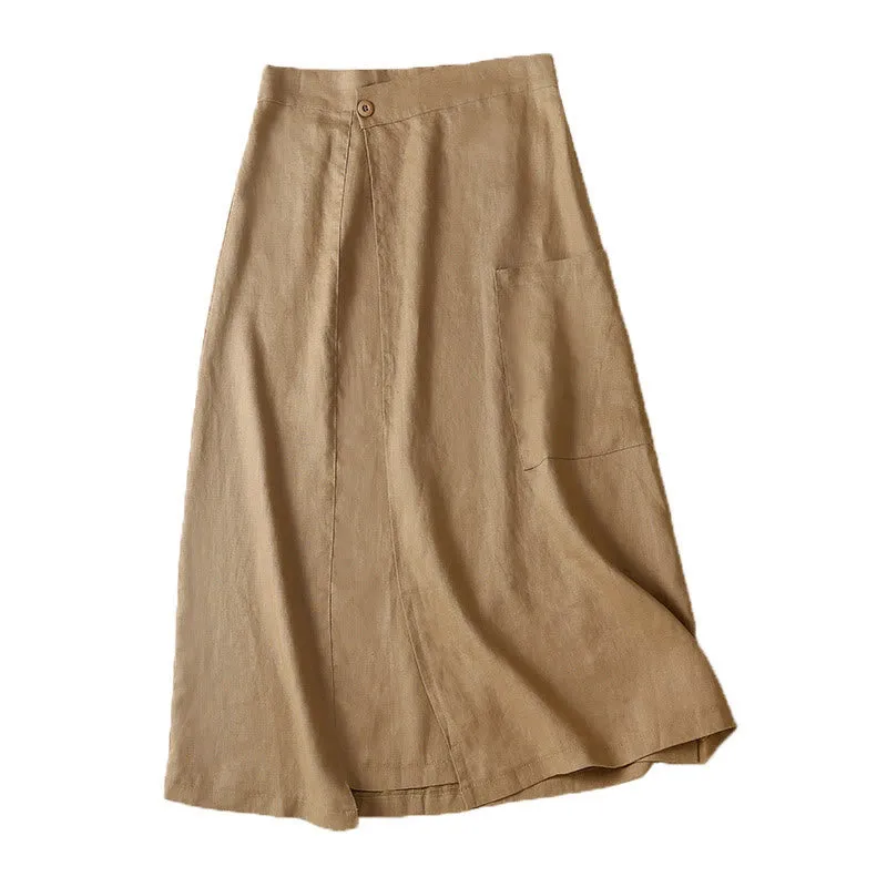 Buddha Stones Vintage Summer Asymmetrical High Waist Women's Cotton Linen Skirt With Pockets