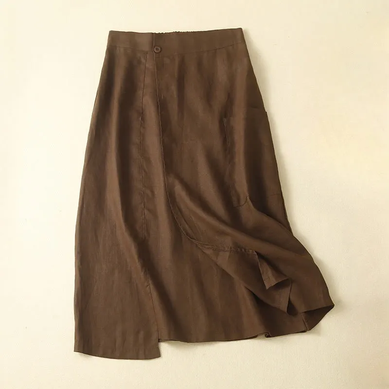 Buddha Stones Vintage Summer Asymmetrical High Waist Women's Cotton Linen Skirt With Pockets
