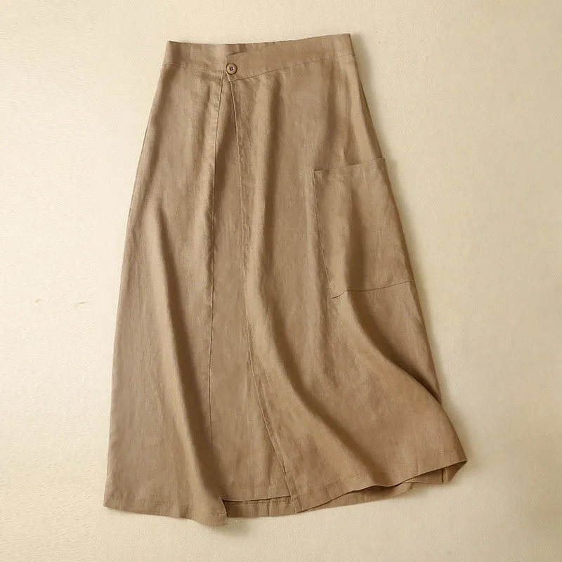 Buddha Stones Vintage Summer Asymmetrical High Waist Women's Cotton Linen Skirt With Pockets