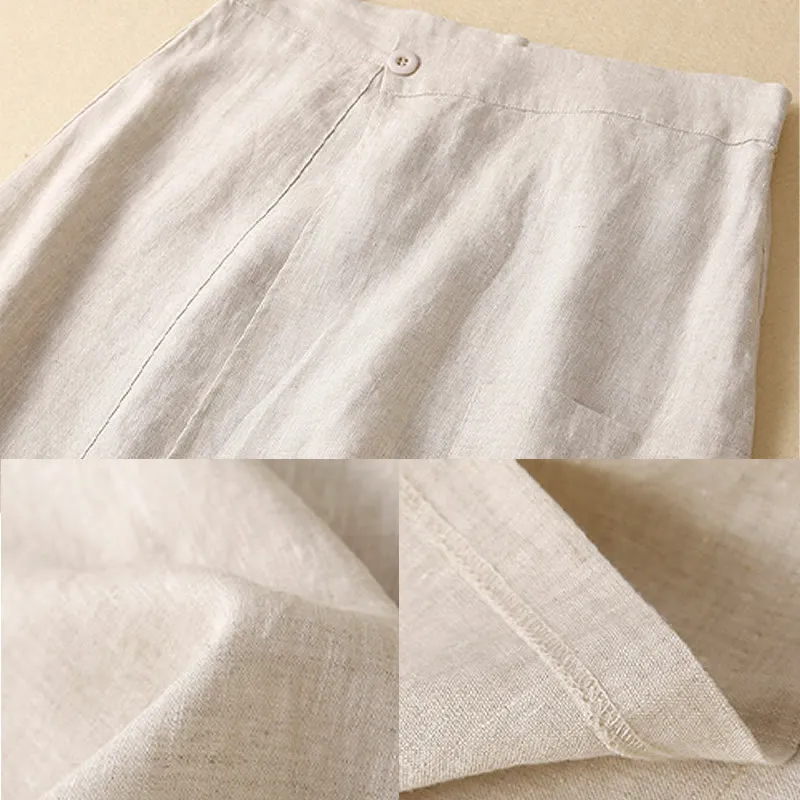 Buddha Stones Vintage Summer Asymmetrical High Waist Women's Cotton Linen Skirt With Pockets
