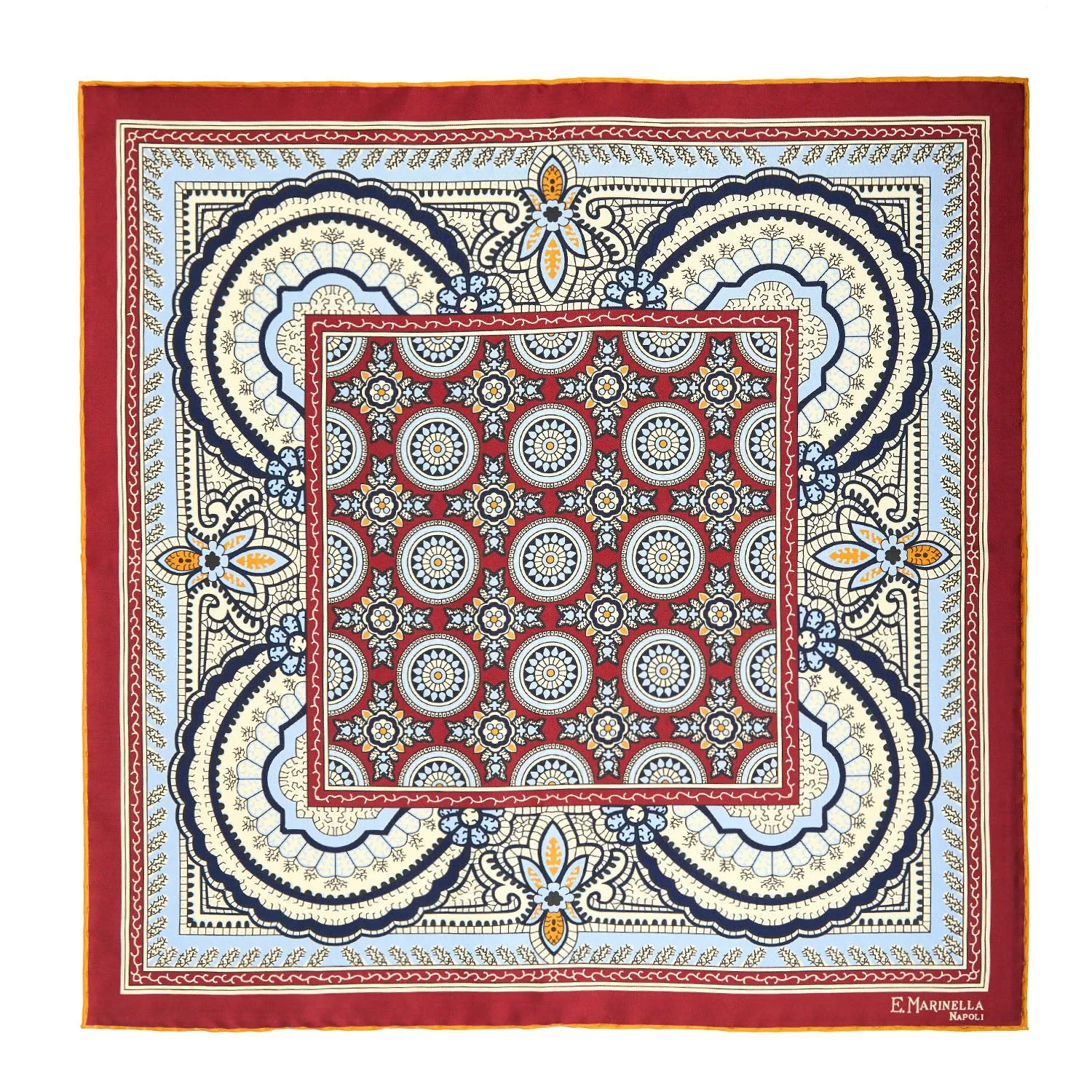 BURGUNDY HAND-PRINTED SILK POCKET SQUARE