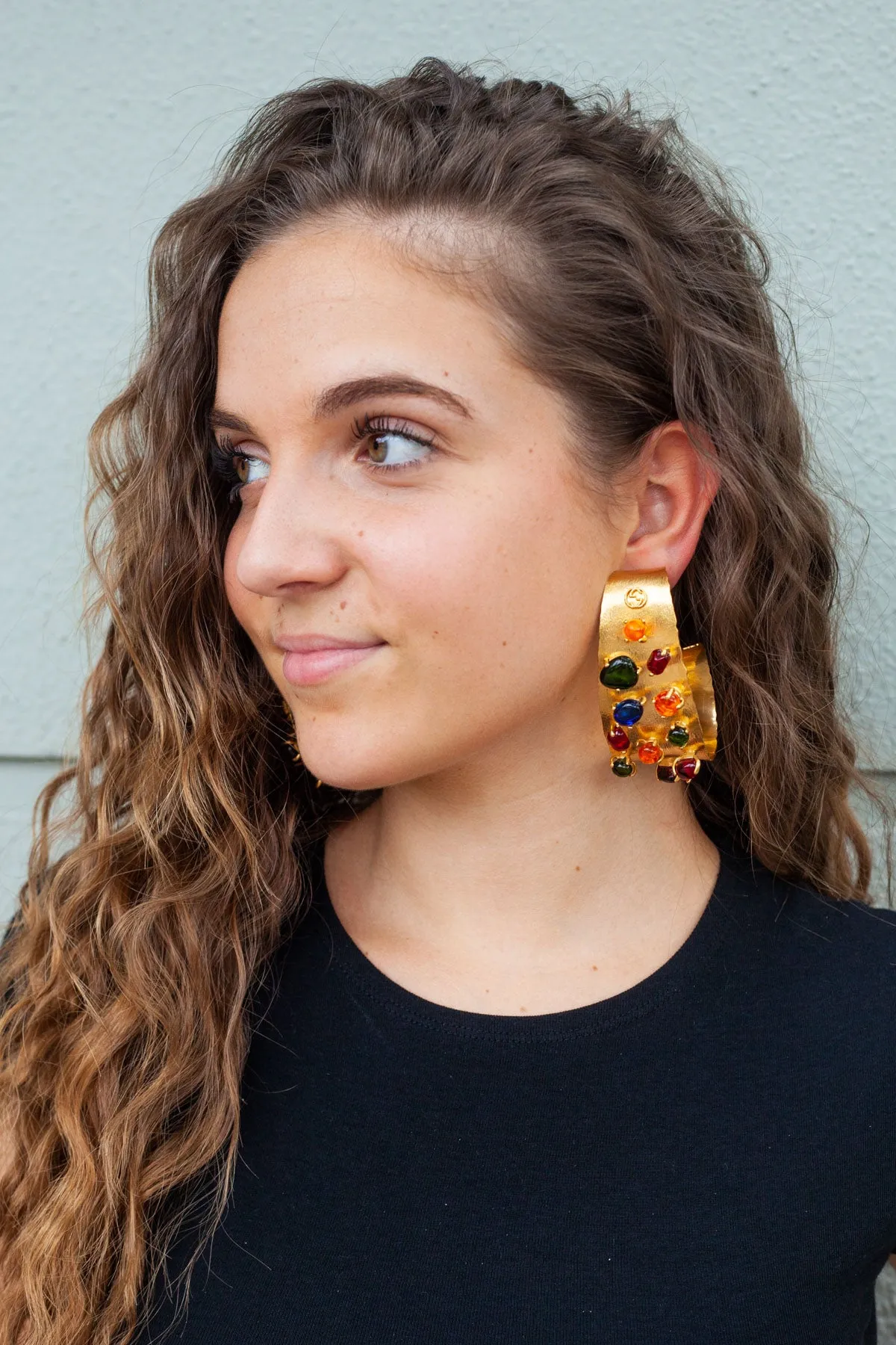 Cabochon Stone Hoop Clip-On Earrings