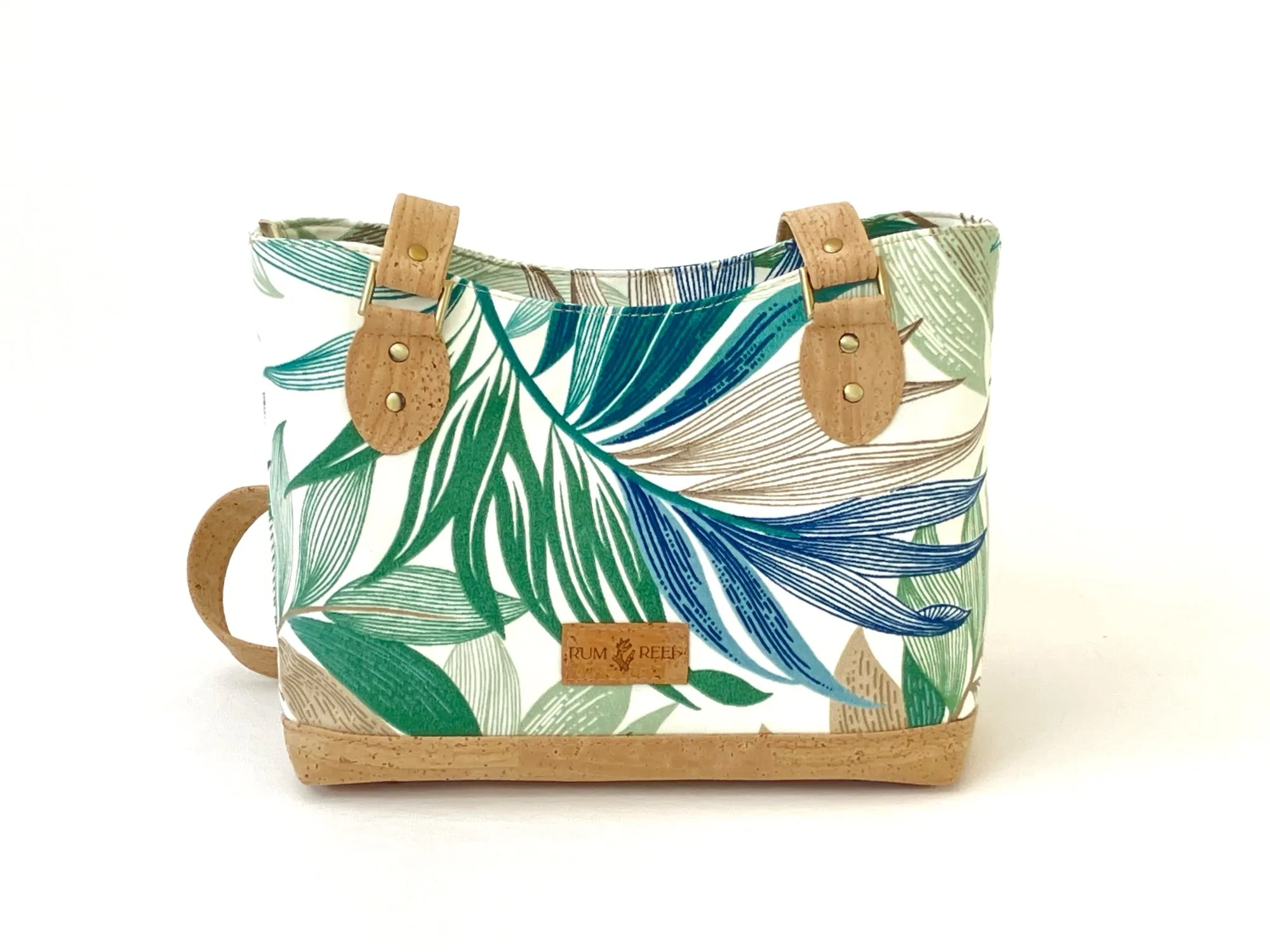 Canvas and Cork Handbag with Tropical Leaf Print and Zipper Closure