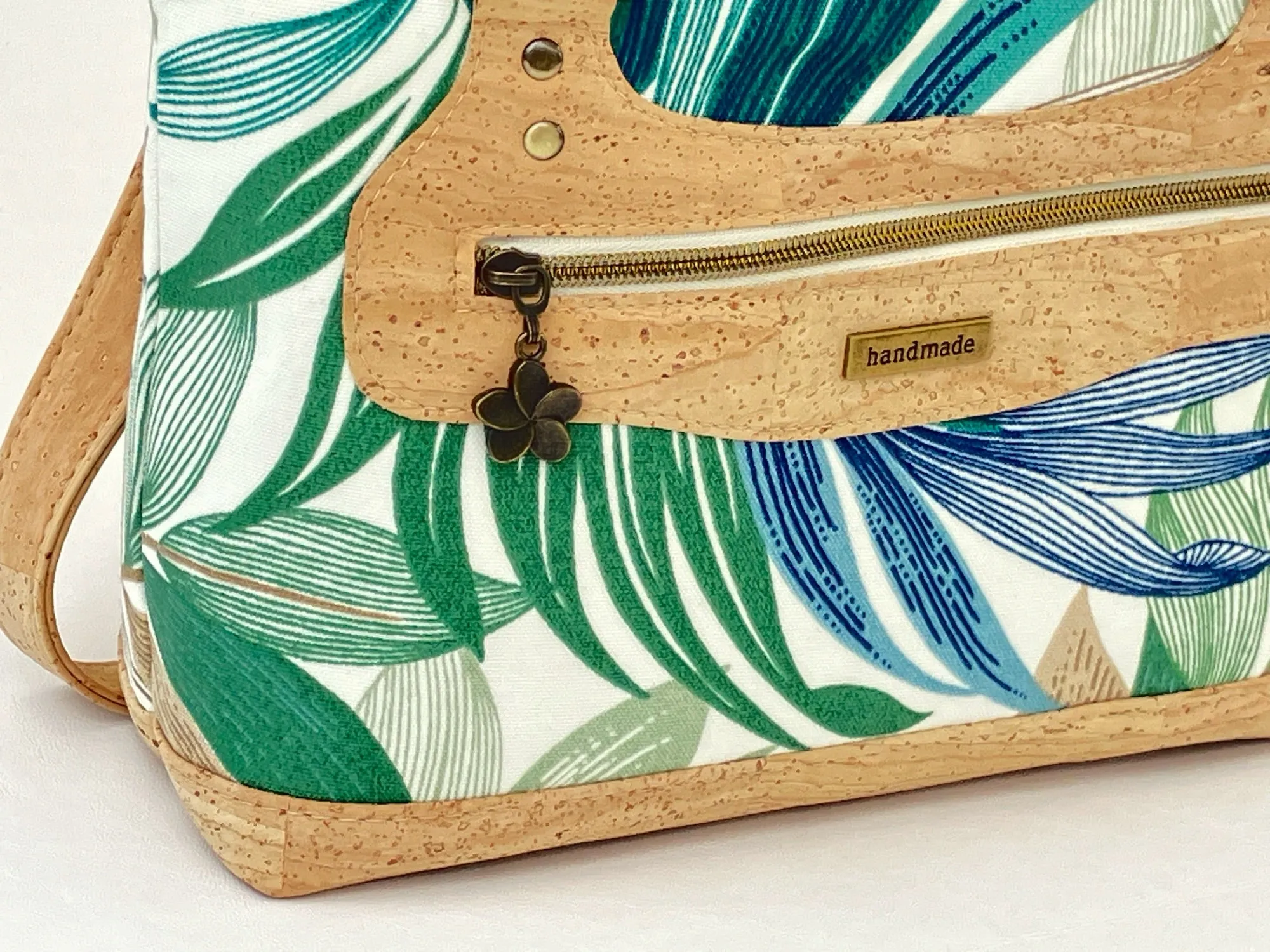 Canvas and Cork Handbag with Tropical Leaf Print and Zipper Closure