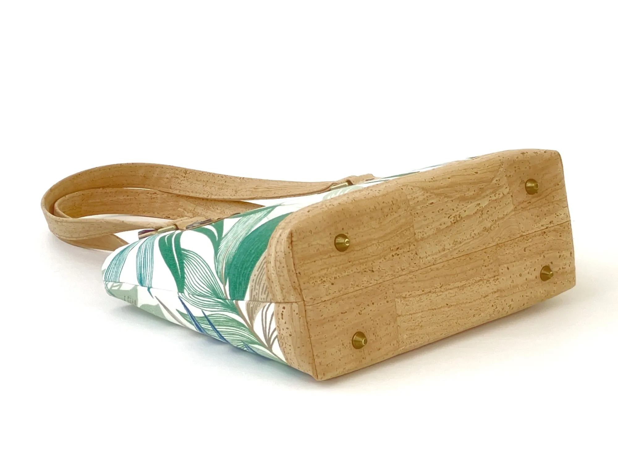 Canvas and Cork Handbag with Tropical Leaf Print and Zipper Closure