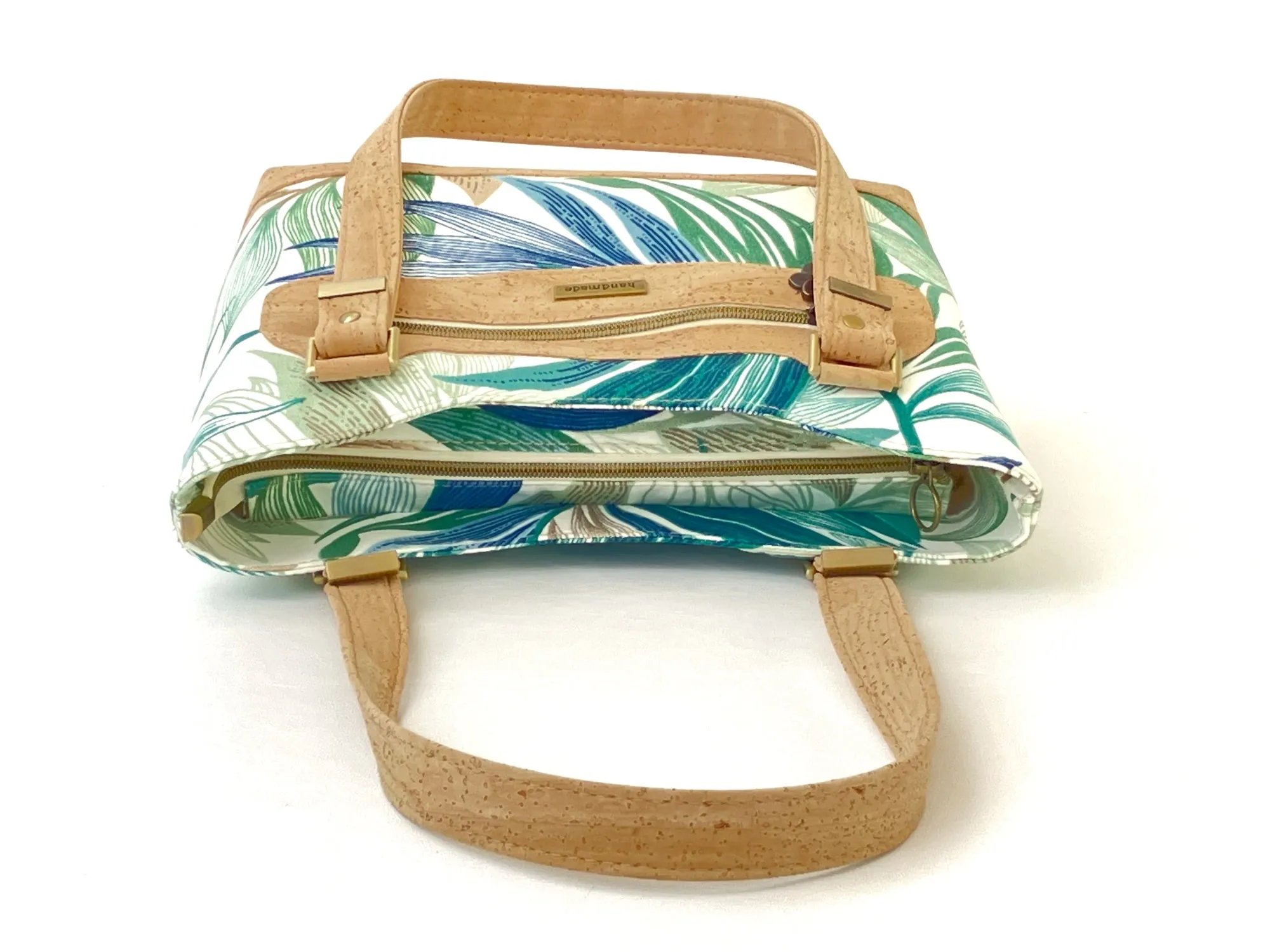 Canvas and Cork Handbag with Tropical Leaf Print and Zipper Closure