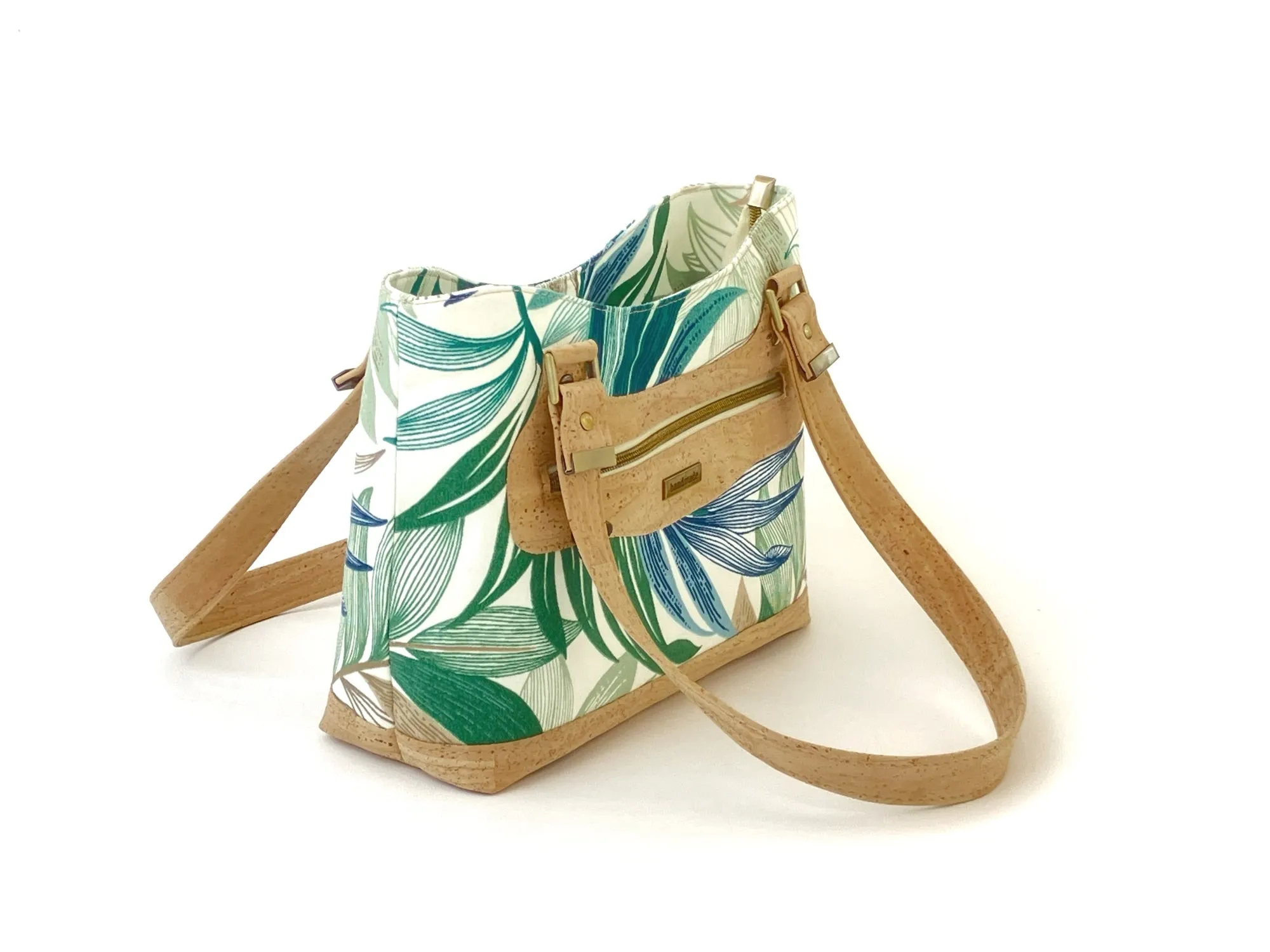 Canvas and Cork Handbag with Tropical Leaf Print and Zipper Closure
