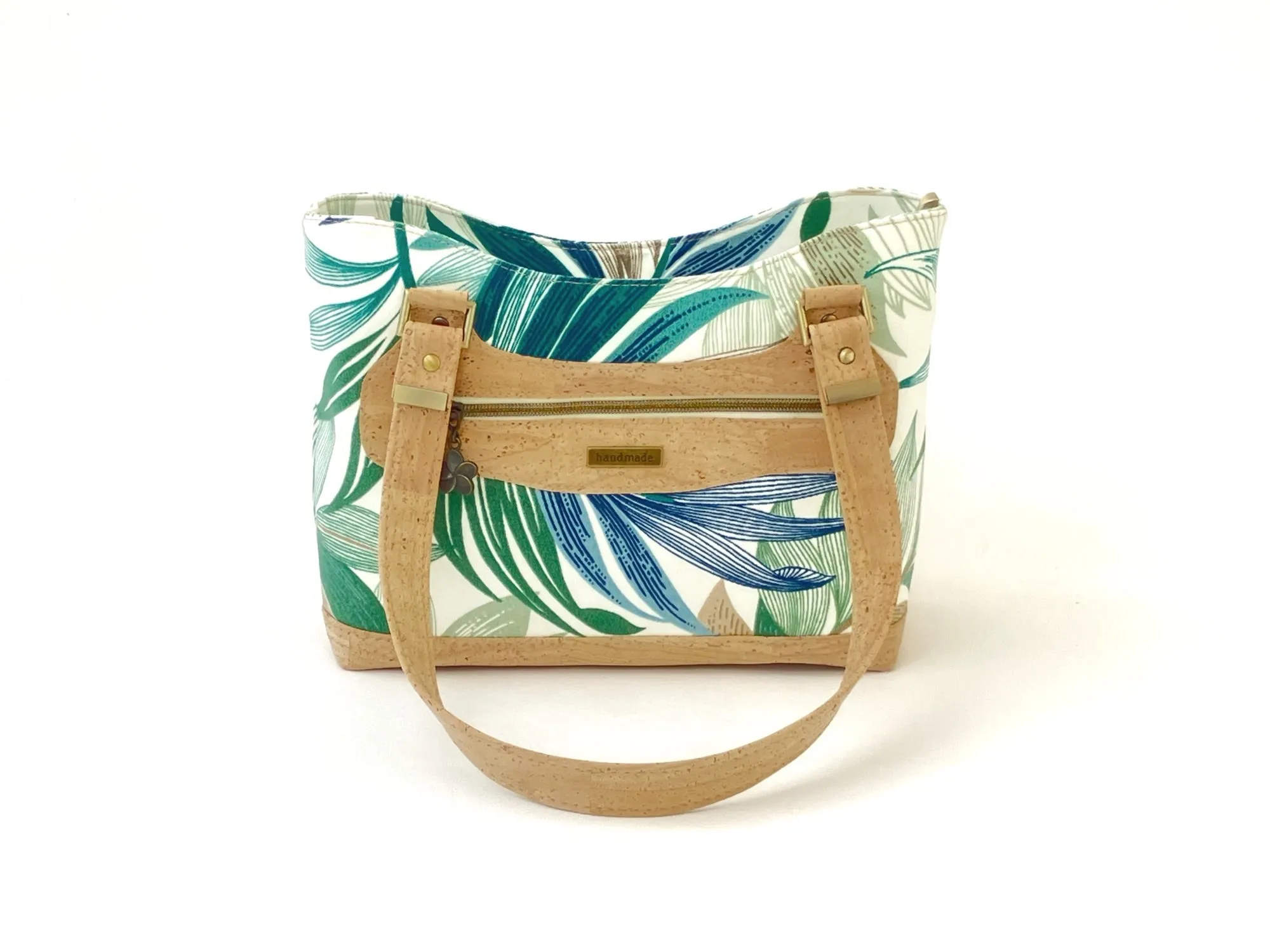 Canvas and Cork Handbag with Tropical Leaf Print and Zipper Closure