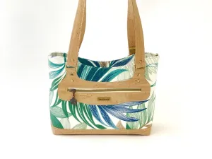 Canvas and Cork Handbag with Tropical Leaf Print and Zipper Closure