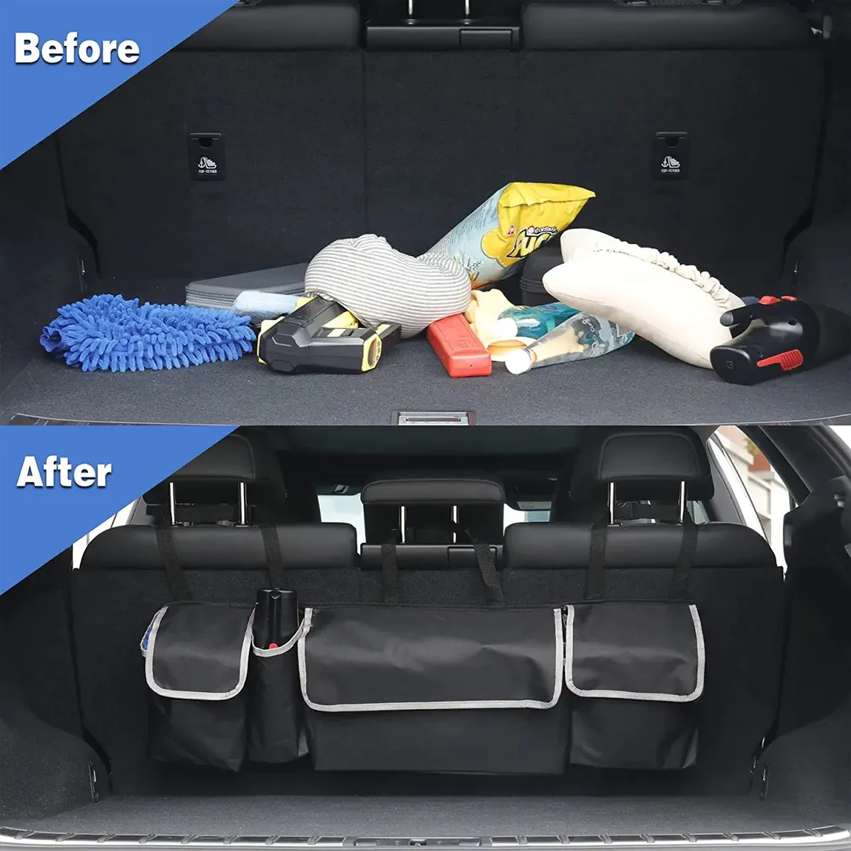 Car Trunk Hanging Organizer Fit Your Car, Thick Backseat Trunk Storage Bag with 4 Pockets and 3 Adjustable Shoulder Straps, Foldable Car Trunk Interior Accessories Releases Your Trunk Space, Free Trunk Floor