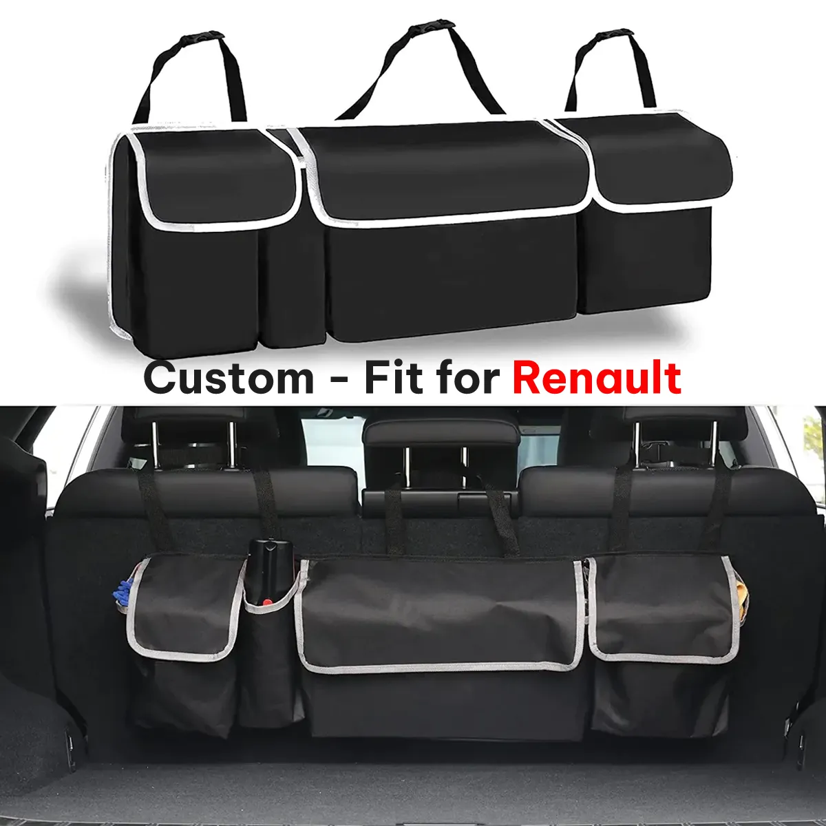 Car Trunk Hanging Organizer Fit Your Car, Thick Backseat Trunk Storage Bag with 4 Pockets and 3 Adjustable Shoulder Straps, Foldable Car Trunk Interior Accessories Releases Your Trunk Space, Free Trunk Floor
