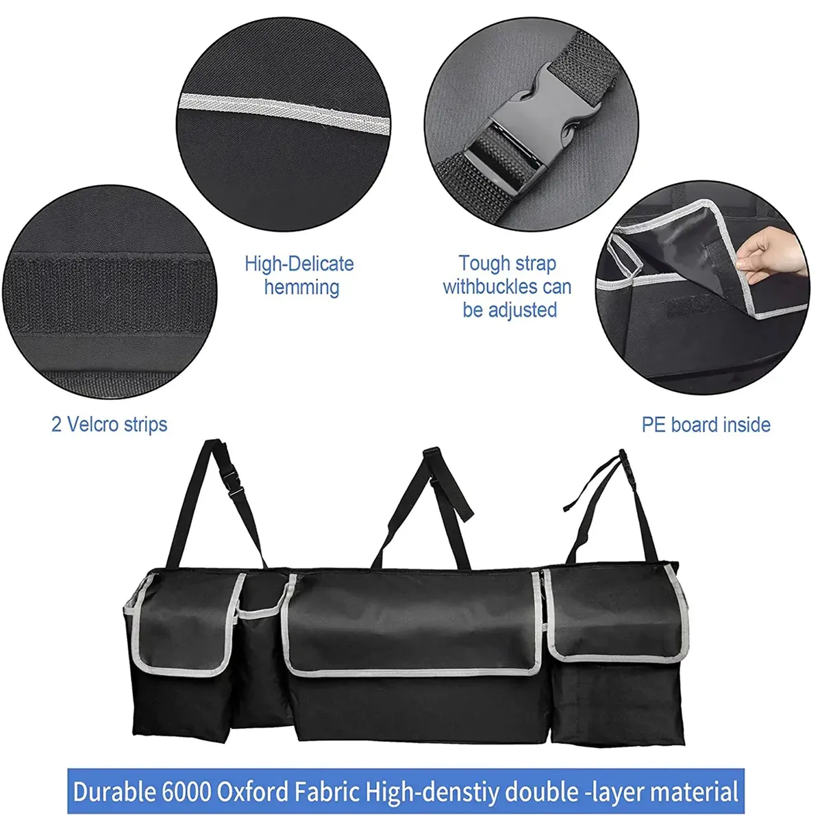 Car Trunk Hanging Organizer Fit Your Car, Thick Backseat Trunk Storage Bag with 4 Pockets and 3 Adjustable Shoulder Straps, Foldable Car Trunk Interior Accessories Releases Your Trunk Space, Free Trunk Floor