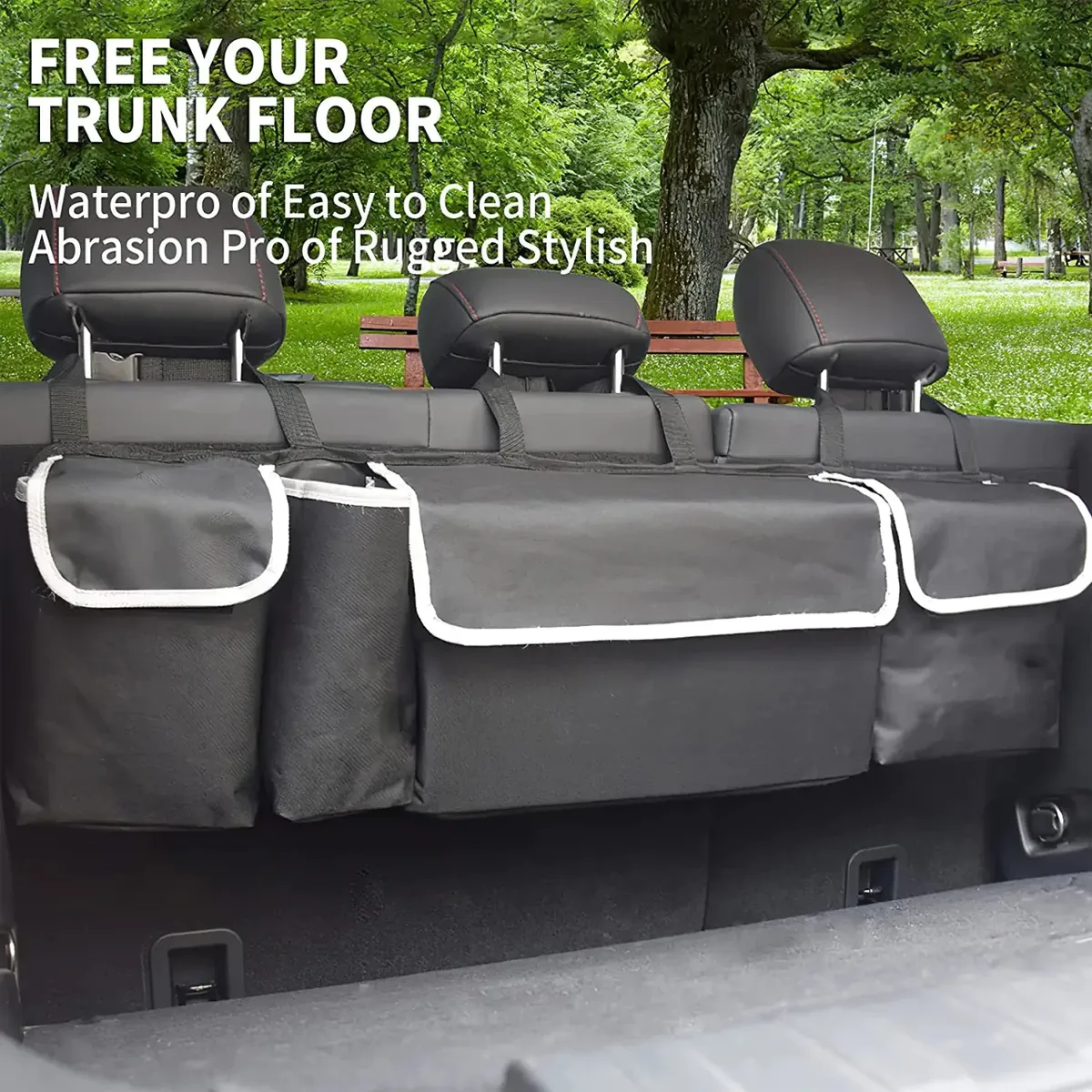 Car Trunk Hanging Organizer Fit Your Car, Thick Backseat Trunk Storage Bag with 4 Pockets and 3 Adjustable Shoulder Straps, Foldable Car Trunk Interior Accessories Releases Your Trunk Space, Free Trunk Floor