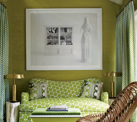 China Seas Fabric: Double Cross  One Color - Custom Jungle Green on Tinted Belgian Linen/Cotton