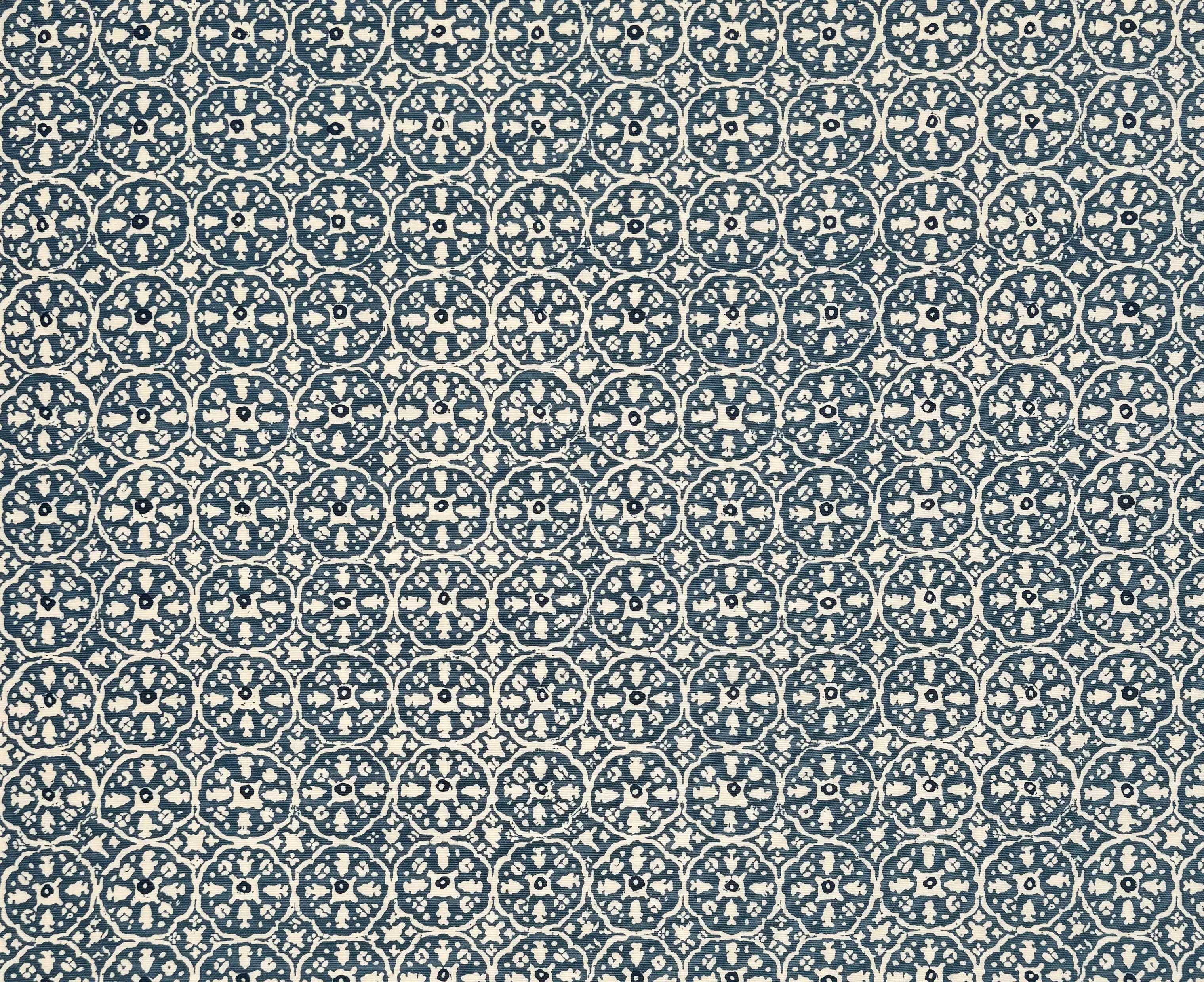 China Seas Fabric: Nitik II - Custom Light Pacific Blue / Navy on Tinted Belgian Linen / Cotton