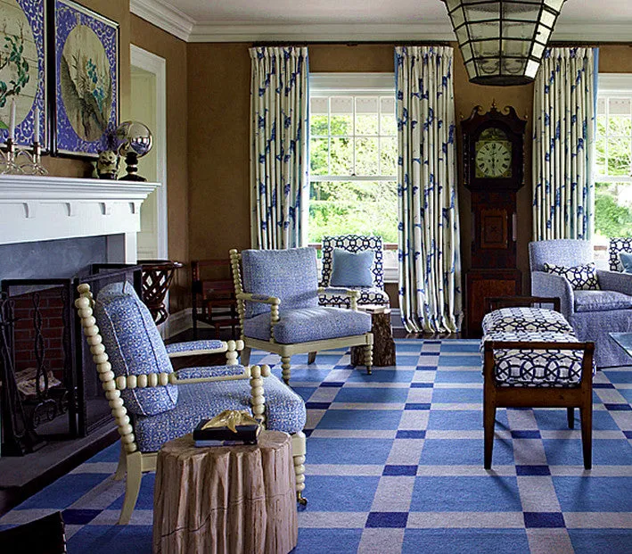 China Seas Fabric: Nitik II - Custom Light Pacific Blue / Navy on Tinted Belgian Linen / Cotton