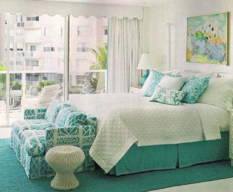 China Seas Fabric: Trellis Background - Custom French Blue on White Belgian Linen / Cotton