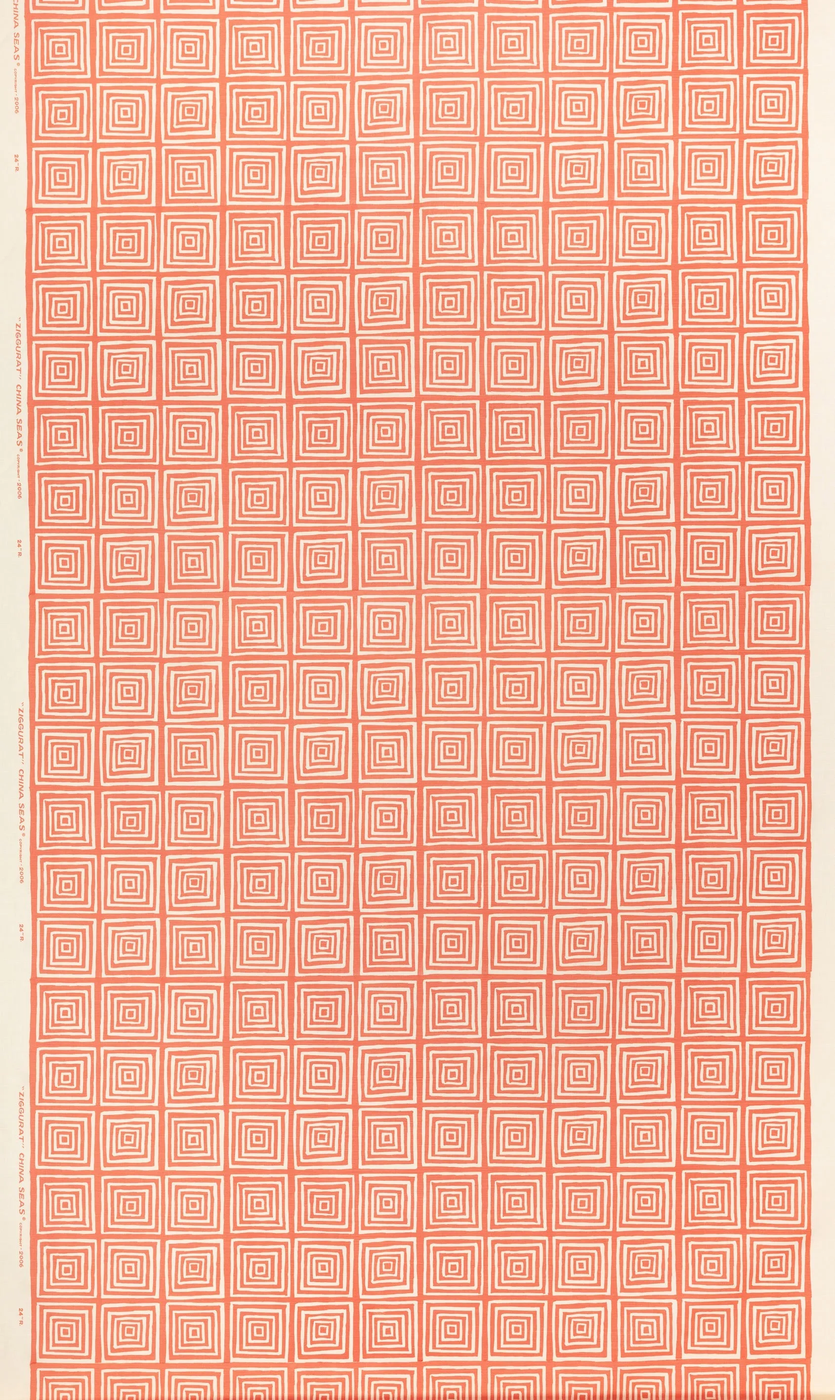 China Seas Fabric: Ziggurat Reverse - Custom New Shrimp on Tinted Belgian Linen / Cotton