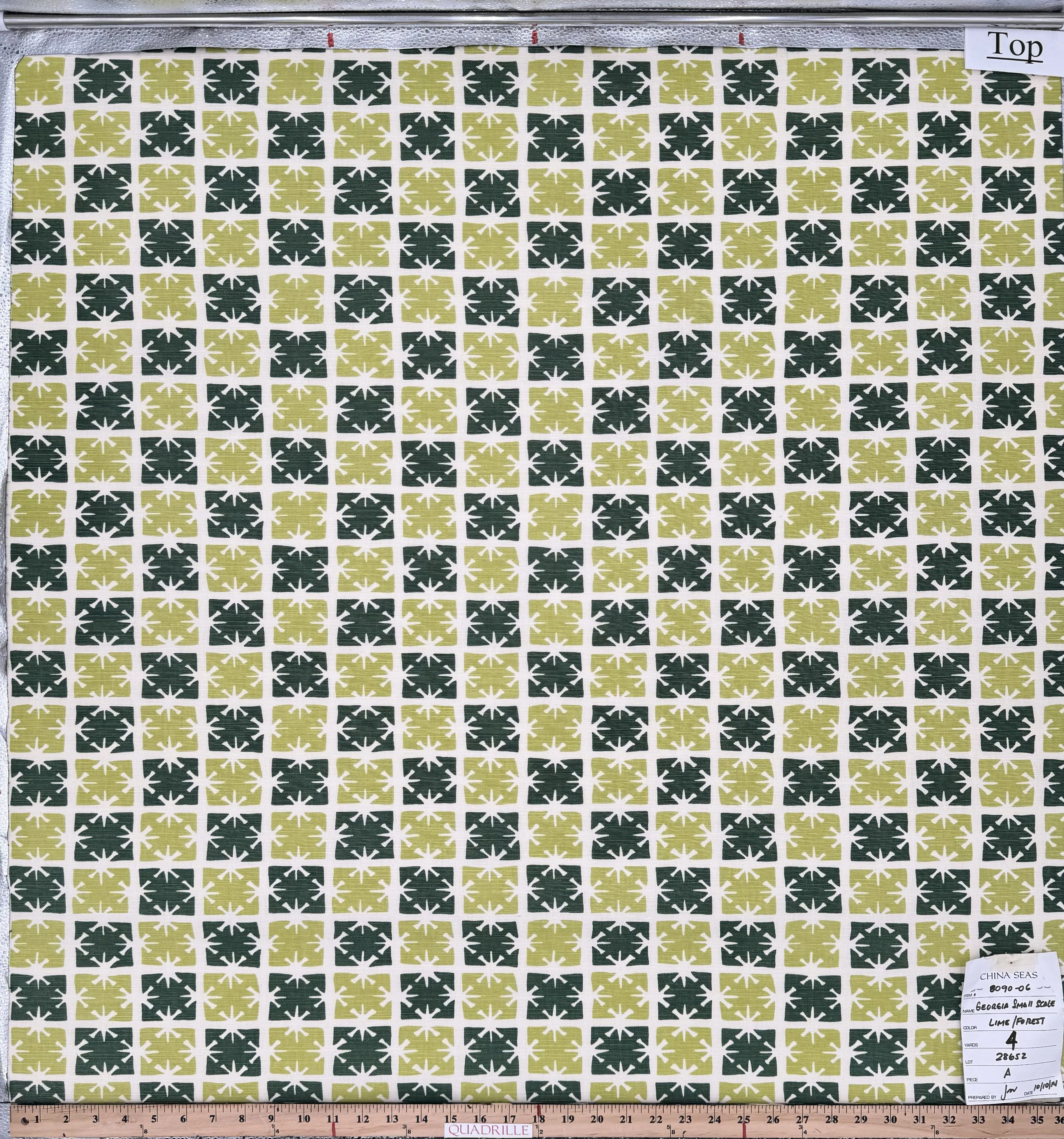 China Seas Print: Georgia Small Scale - Custom Lime / Forest Green on Tinted Belgian L:inen / Cotton