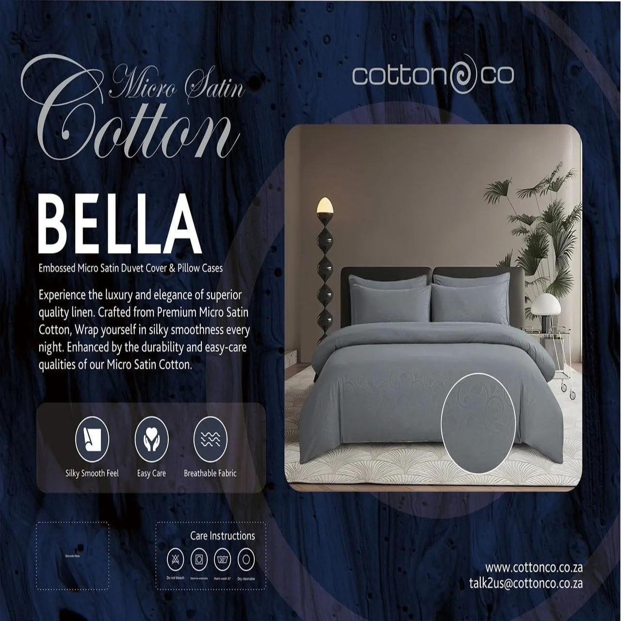 Cotton Co Bella Grey Embossed Micro Satin Duvet Cover Set