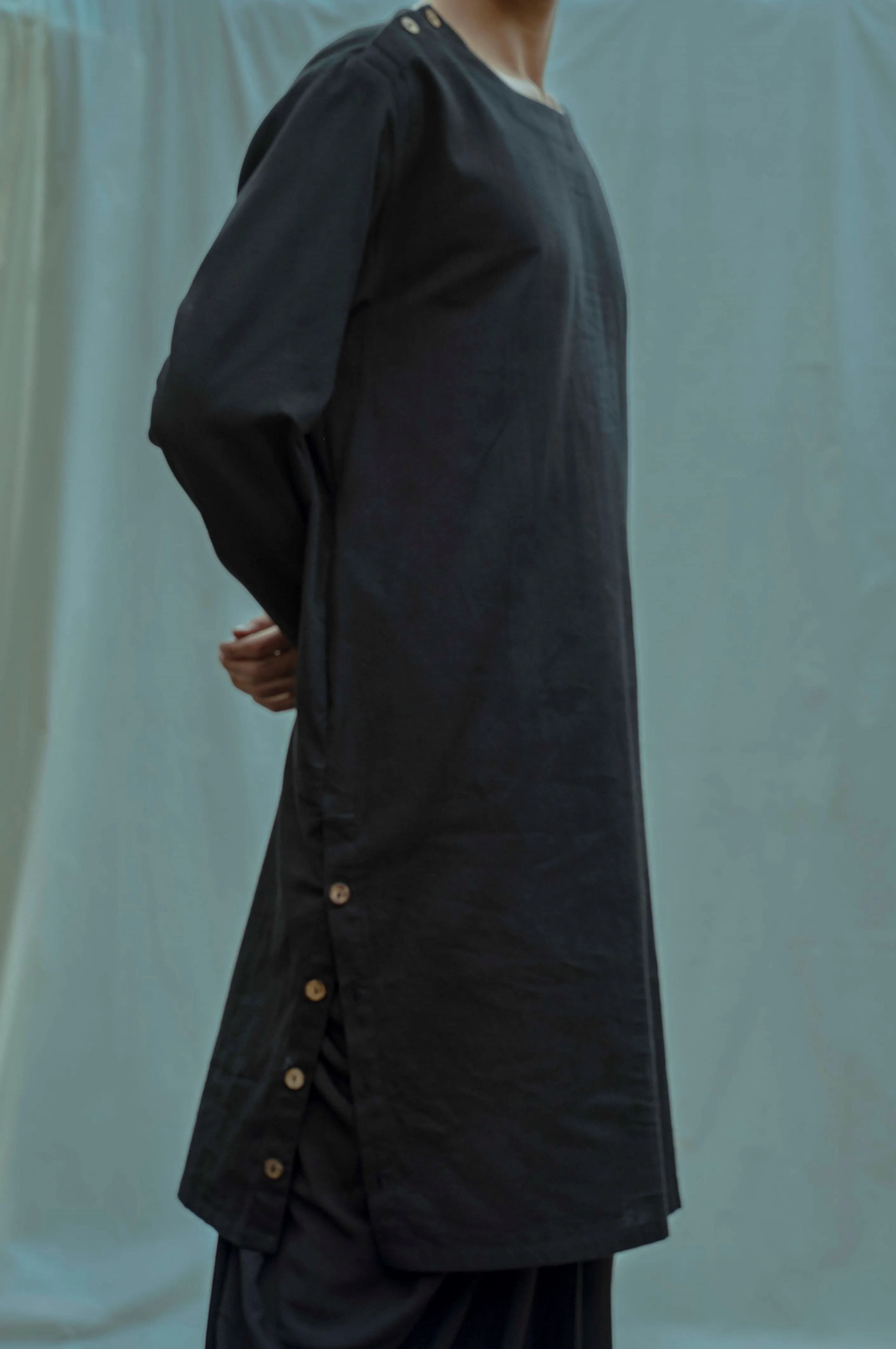 Cotton X Linen - Black Side Placket Kurta Set