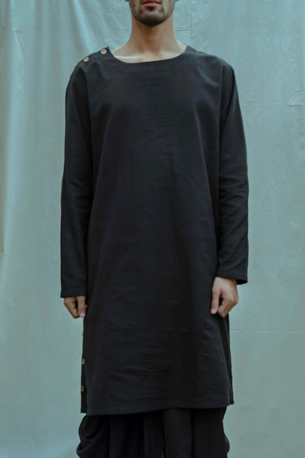 Cotton X Linen - Black Side Placket Kurta Set