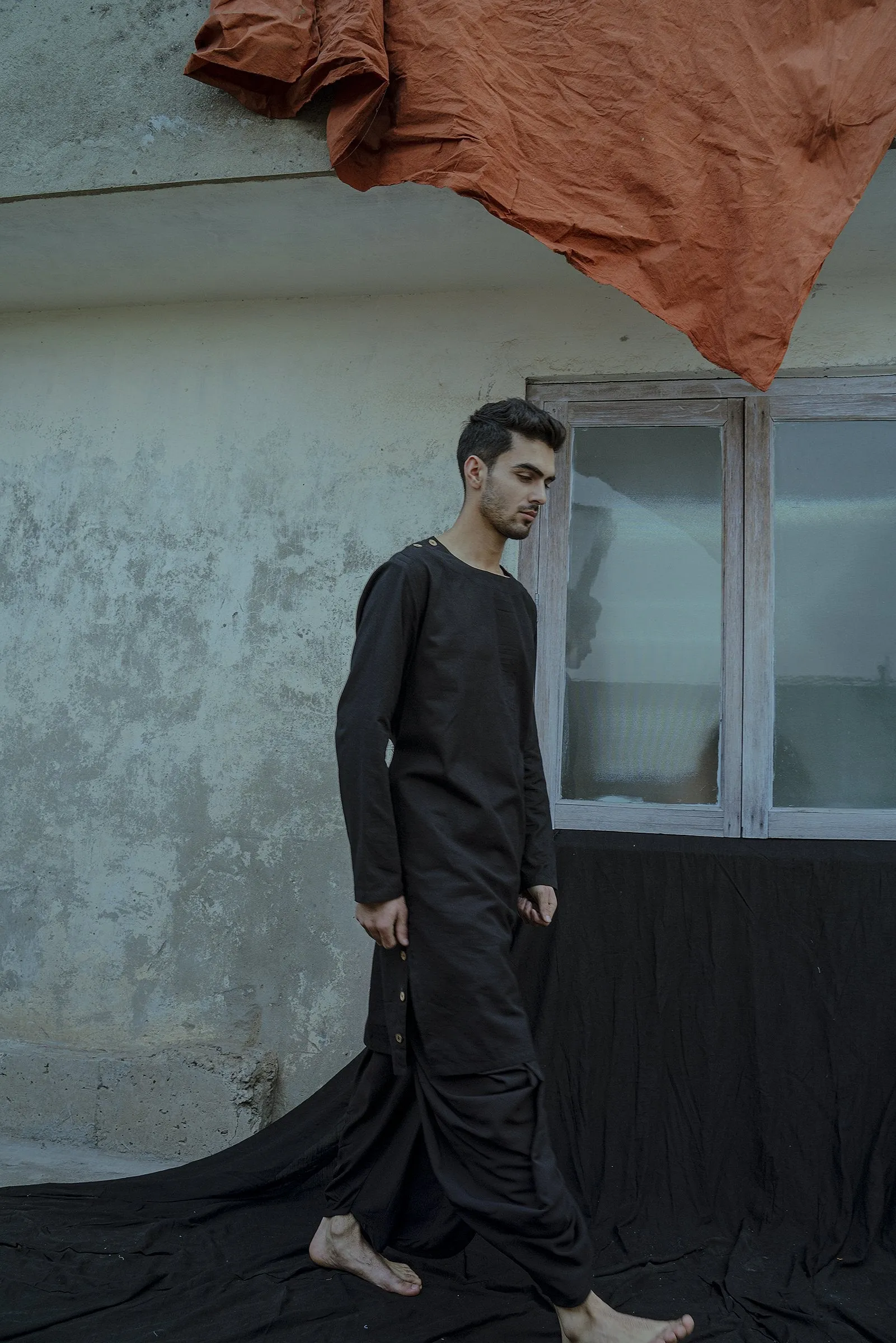 Cotton X Linen - Black Side Placket Kurta Set