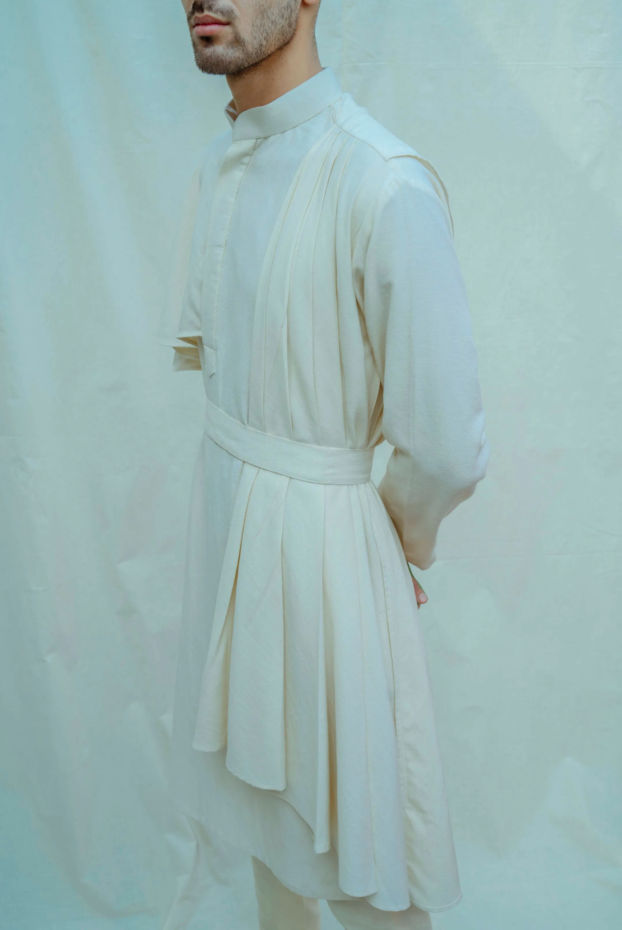 Cotton X Linen Off-White Cape Style Kurta Set