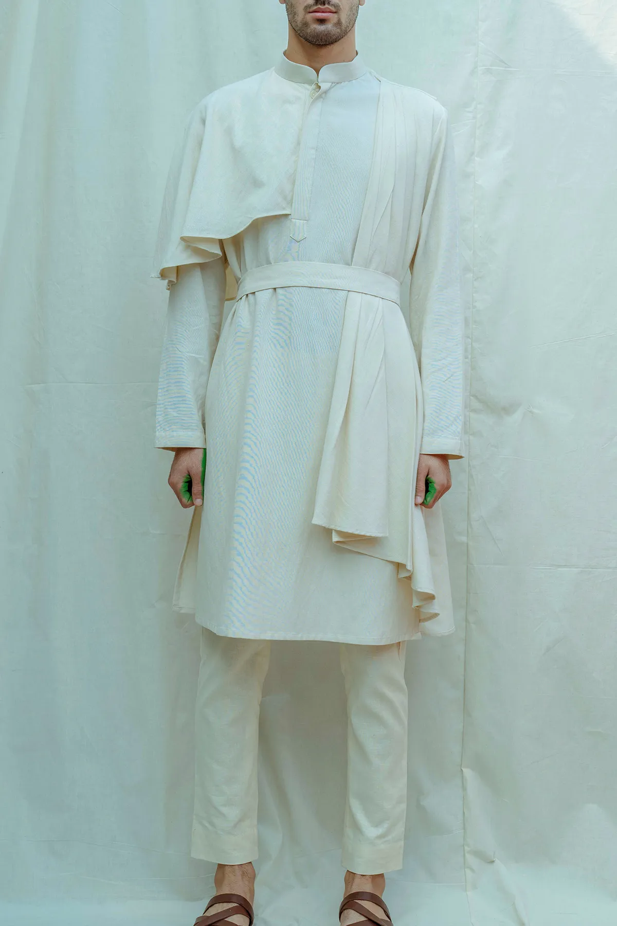 Cotton X Linen Off-White Cape Style Kurta Set